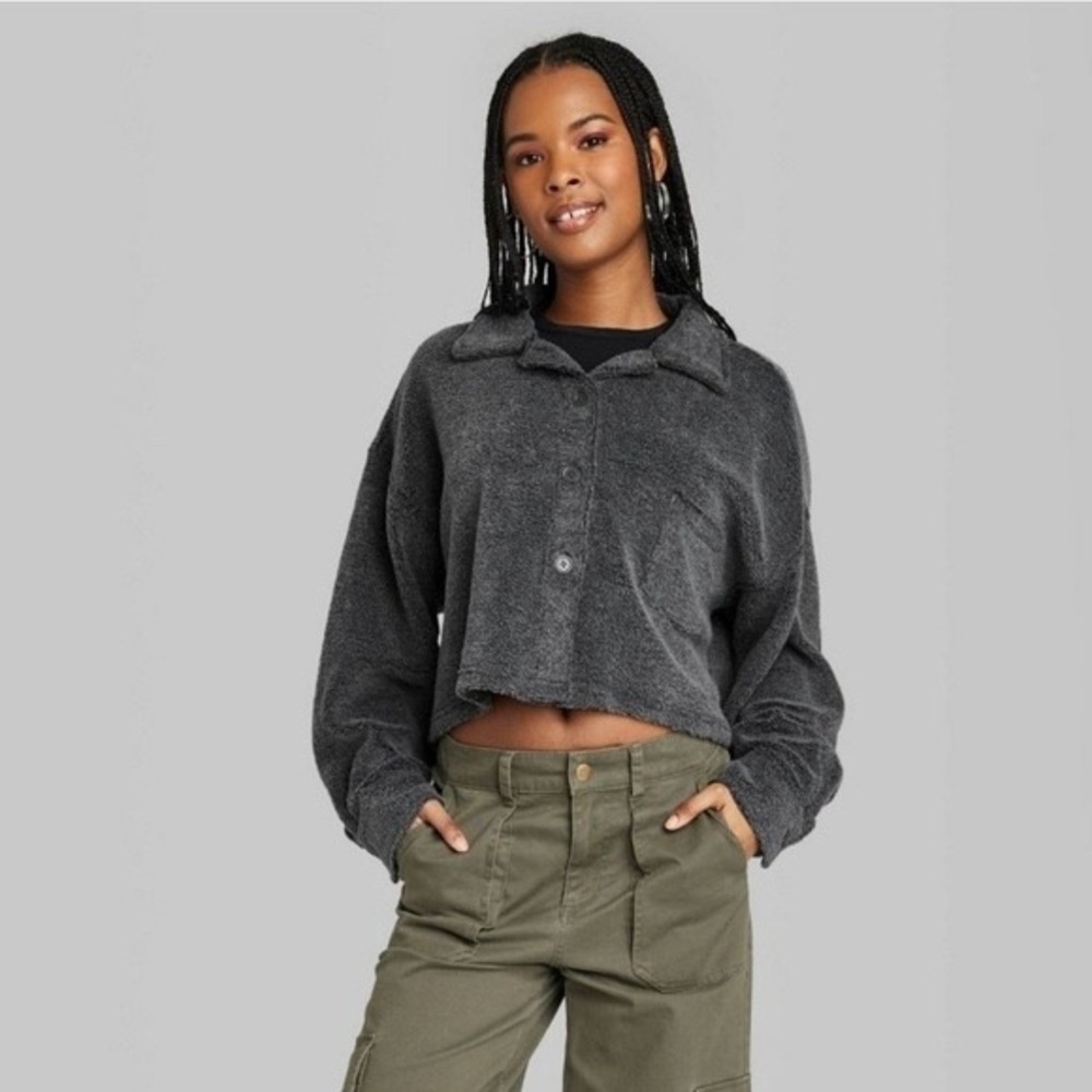 Wild Fable Women Charcoal Grey Plush Fleece Cropped Button Front Shirt Jacket XL